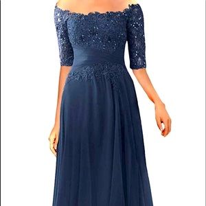 Navy blue beaded chiffon Mother of groom dress, nwt